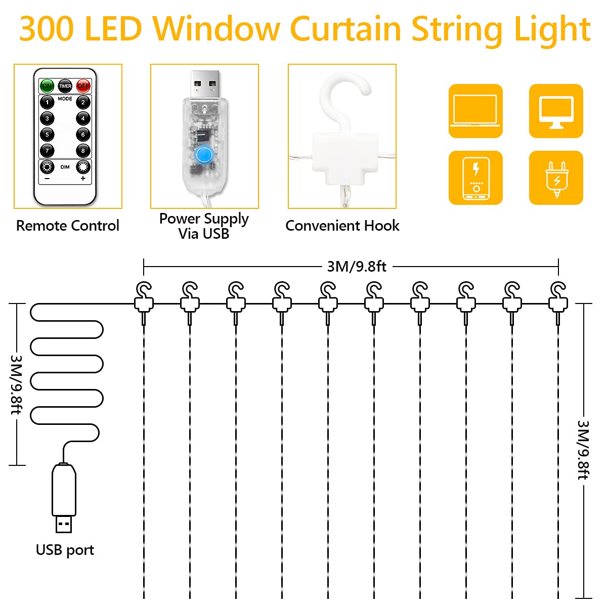 LONENESSL Curtain String Lights, LED Curtain Lights,300 LEDs Window Curtain String Light with Remote Control for Christmas Wedding Party Home Garden Bedroom Outdoor Indoor Wall Decoration (Warm White)