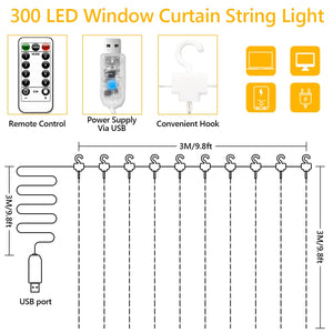 LONENESSL Curtain String Lights, LED Curtain Lights,300 LEDs Window Curtain String Light with Remote Control for Christmas Wedding Party Home Garden Bedroom Outdoor Indoor Wall Decoration (Warm White)