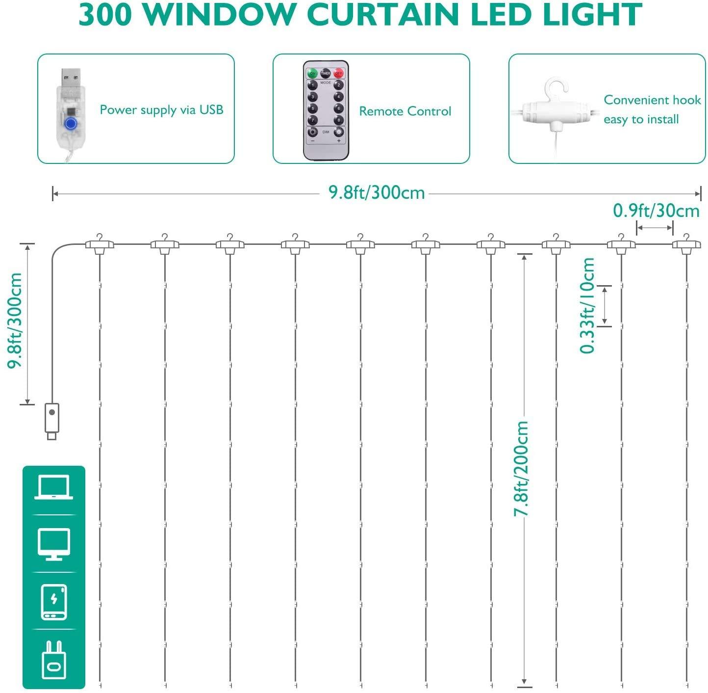 Fairy Curtain Lights, Amazer-T 300 LED Window Curtain String Light Wedding Party Home Garden Bedroom Outdoor Indoor Wall Decorations (Warm White)