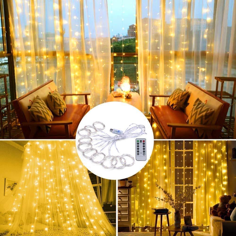 Fairy Curtain Lights, Amazer-T 300 LED Window Curtain String Light Wedding Party Home Garden Bedroom Outdoor Indoor Wall Decorations (Warm White)