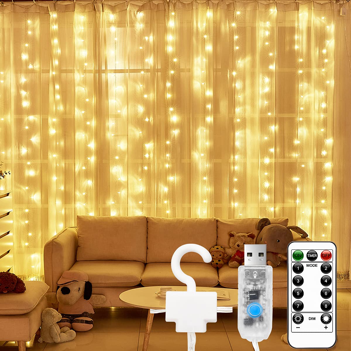 LONENESSL Curtain String Lights, LED Curtain Lights,300 LEDs Window Curtain String Light with Remote Control for Christmas Wedding Party Home Garden Bedroom Outdoor Indoor Wall Decoration (Warm White)