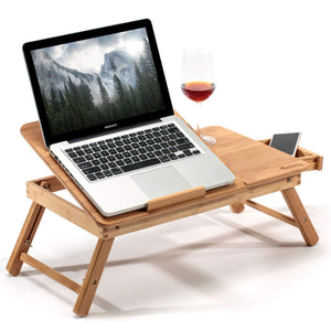 HANKEY Bamboo Bed Table Serving Tray for Eating Breakfast, Reading Book, Watching Movie on iPad | Large Foldable Laptop Notebook Stand Desk with Height Adjustable Legs Drawer Cup Holder