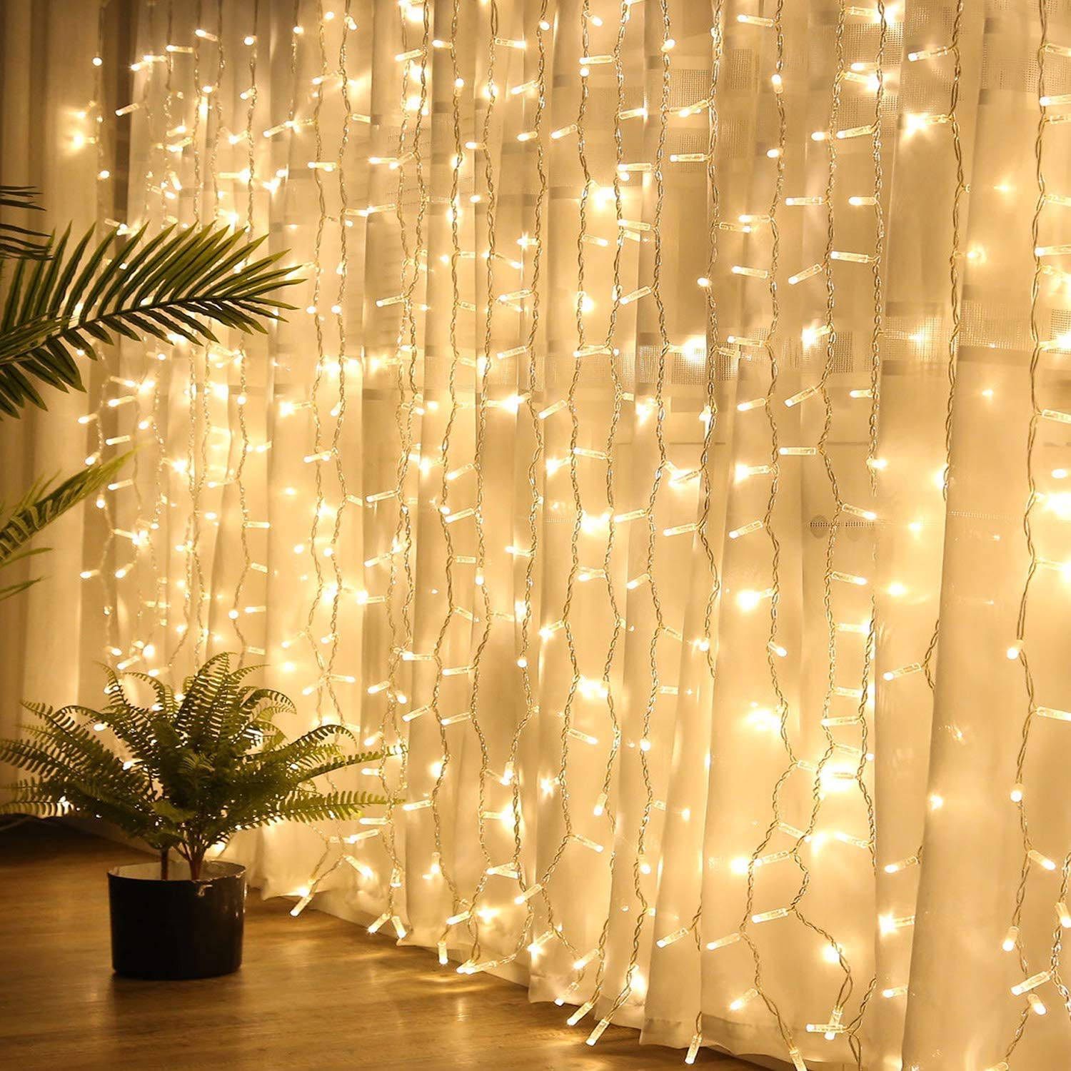 Fairy Curtain Lights, Amazer-T 300 LED Window Curtain String Light Wedding Party Home Garden Bedroom Outdoor Indoor Wall Decorations (Warm White)